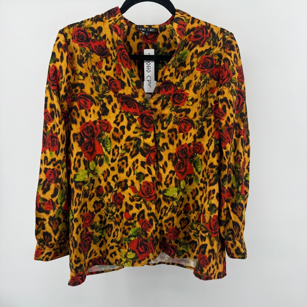 Boho Chic Leopard Rose Print Button Down Long Sleeve Shirt Women's M Edgy Rock